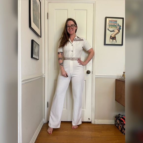 Vintage Pants - 70s Vintage White Safari Jumpsuit